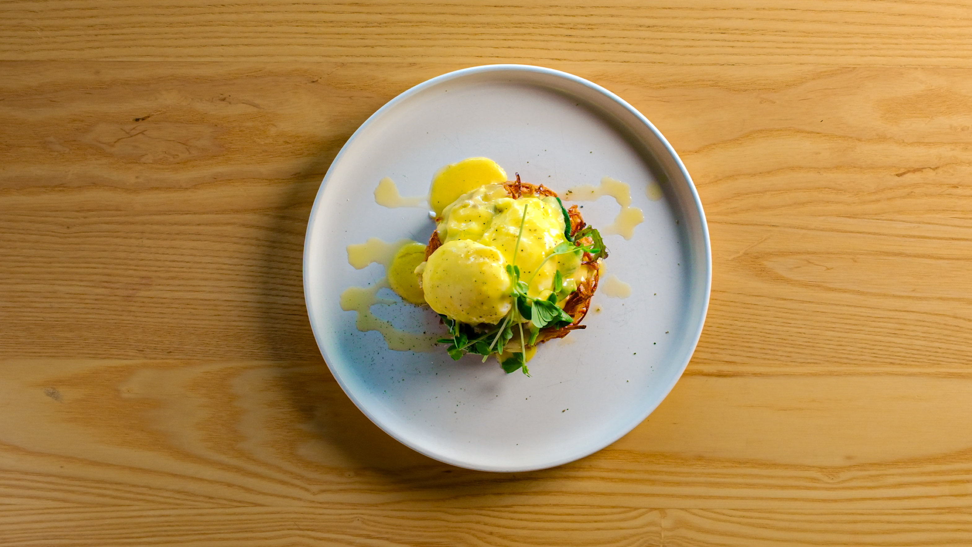 A finished brunch plate on a Bar Torino table